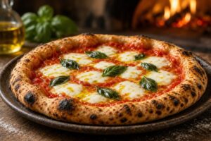 Pizza napoletană Margherita cu margine pufoasă, mozzarella și busuioc, scoasă din cuptorul cu lemne
