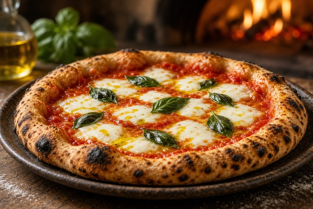 Pizza napoletană Margherita cu margine pufoasă, mozzarella și busuioc, scoasă din cuptorul cu lemne